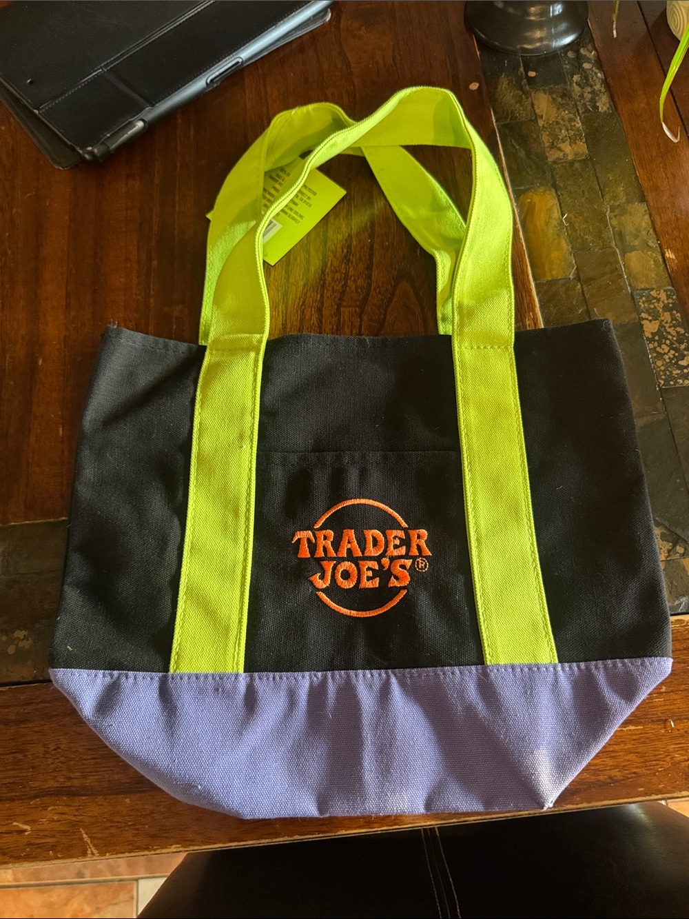 Trader Joe's Women's Canvas Tote - Black with Lime Green & Lavender Accents